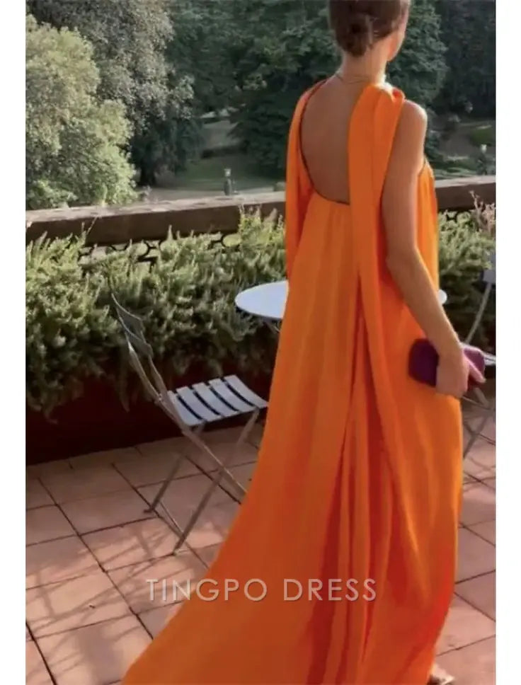 TingPo Wholesale Sexy A line Strapless Chiffon Organge Long Prom Dresses
